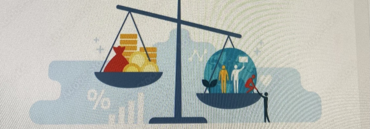 a picture of the scales of justice showing gold bars and money on one side and people and the planet on the other