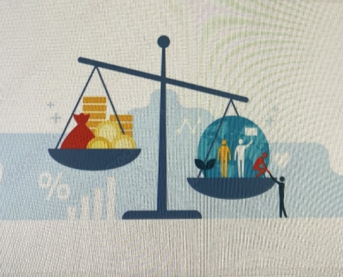 a picture of the scales of justice showing gold bars and money on one side and people and the planet on the other