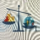 a picture of the scales of justice showing gold bars and money on one side and people and the planet on the other