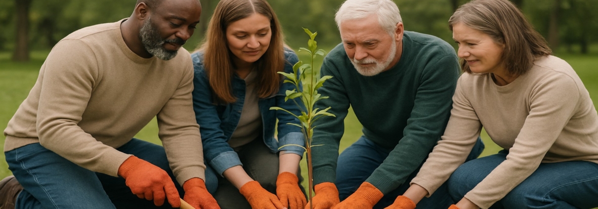 photo of diverse group of seniors planting a tree