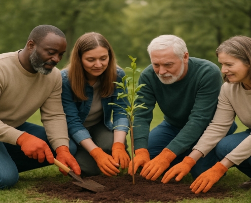 photo of diverse group of seniors planting a tree